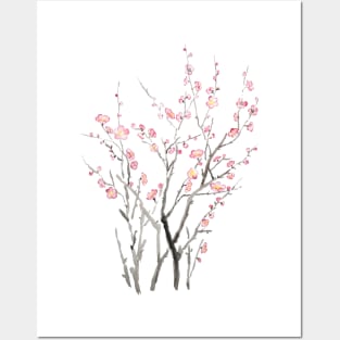 red plum flower watercolor painting 2021 Posters and Art